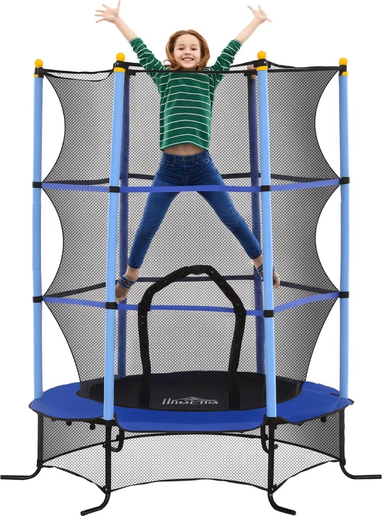 HOMCOM Gyermek Trambulin Ø163 cm, Trambulin Biztonsági Hálóval, Szegélyvédővel, Kerti Trambulin 3-10 Éves Gyermekeknek, 50 kg-ig Terhelhető, Kék | Aos