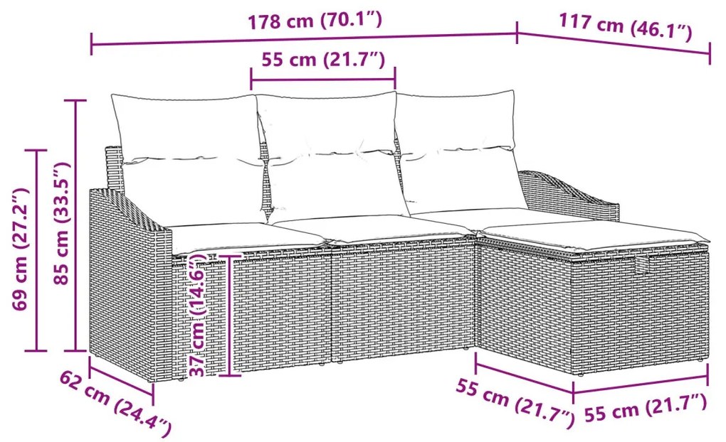 4 darabos kerti kanapé készlet párnákkal szürke poli rattan