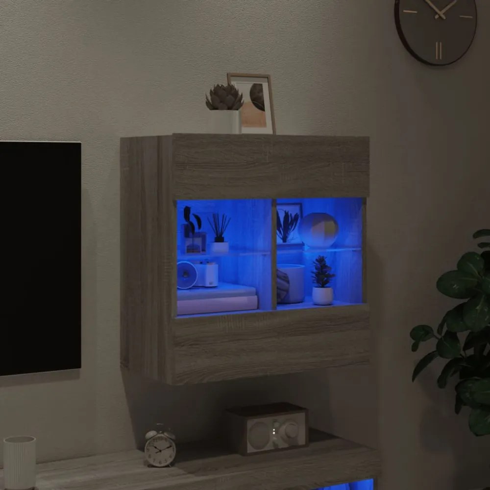 szürke sonoma színű fali TV-szekrény LED-ekkel 58,5x30x60,5 cm