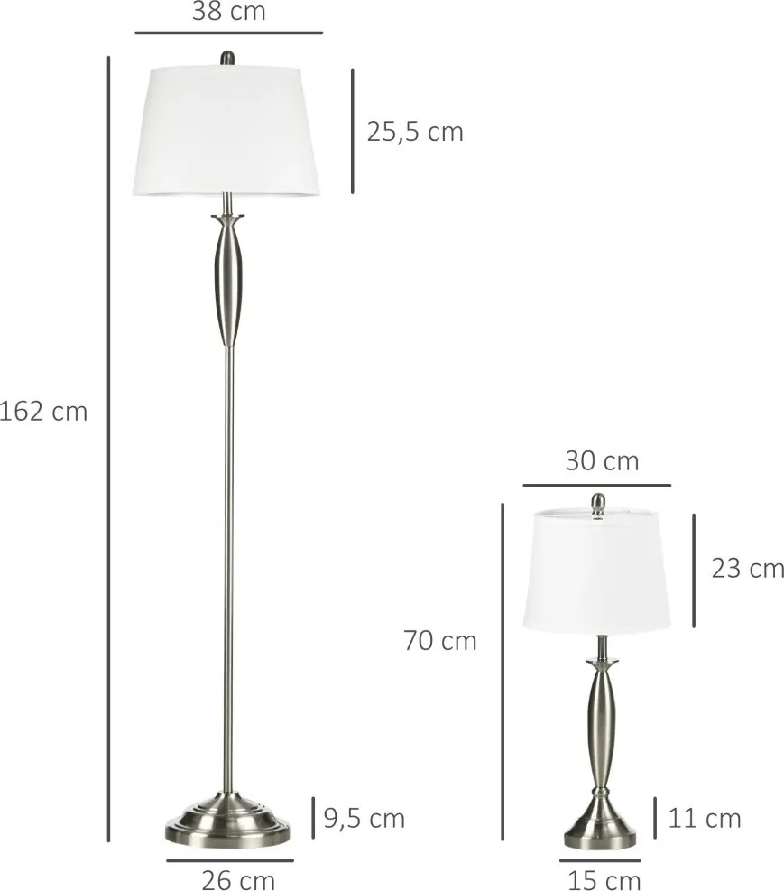 HOMCOM 3 Darabos szett 1 állólámpa, 2 asztali lámpa, vászonhatású 38 x 38 x 158 cm, ezüst-fehér