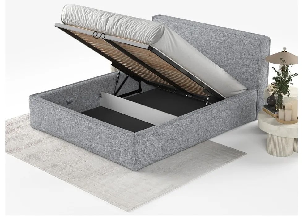 Szürke kárpitozott ágyneműtartós franciaágy ágyráccsal 160x200 cm Lounge L – Maison de Rêve