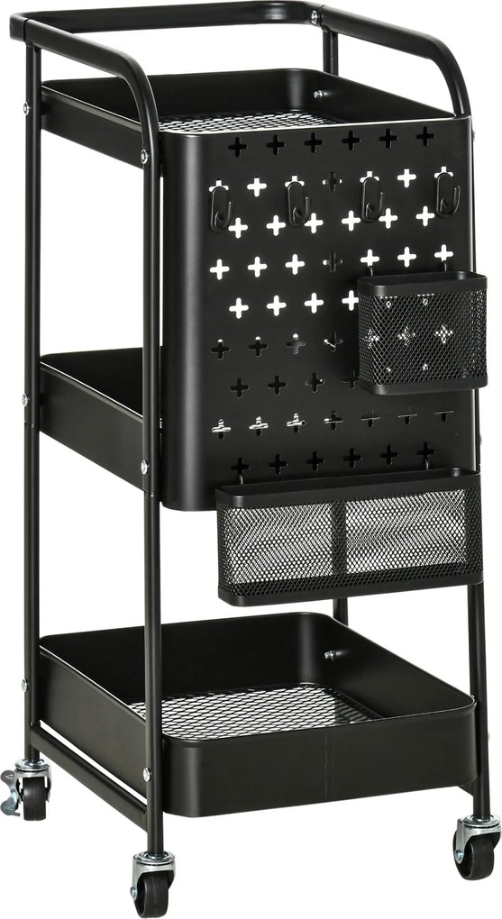 HOMCOM 3 Szintes Konyhai Kocsi Kerekekkel, Akasztókkal és Kosárral, Fekete | Aosom