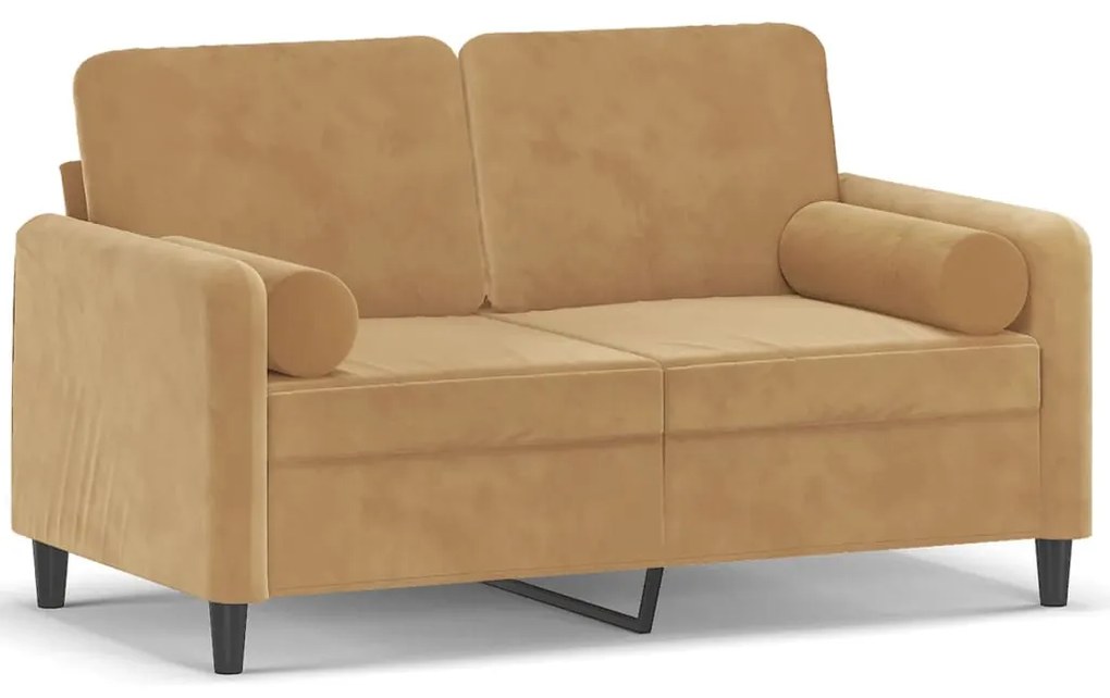 2 személyes barna bársony kanapé díszpárnákkal 120 cm