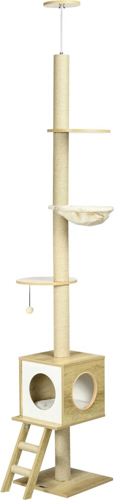 PawHut Macska Fa, Padlótól a Mennyezetig Érő Karcoló, 240-260 cm, Mászófa Macska Házzal, Kender Kötél Posztokkal, Hintaágy, Macska Létra, Játék Gömb,