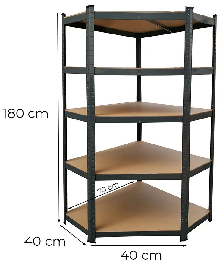 Nagy teherbírású sarokpolc 180x70x40-40 cm 175 kg fekete