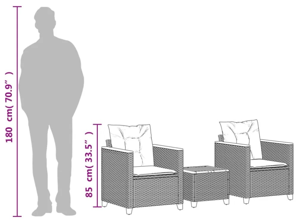 3 részes szürke polyrattan és akácfa bisztrószett párnákkal
