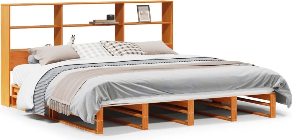 vidaXL viaszbarna tömör fa könyvespolcos ágy matrac nélkül 200 x 200cm