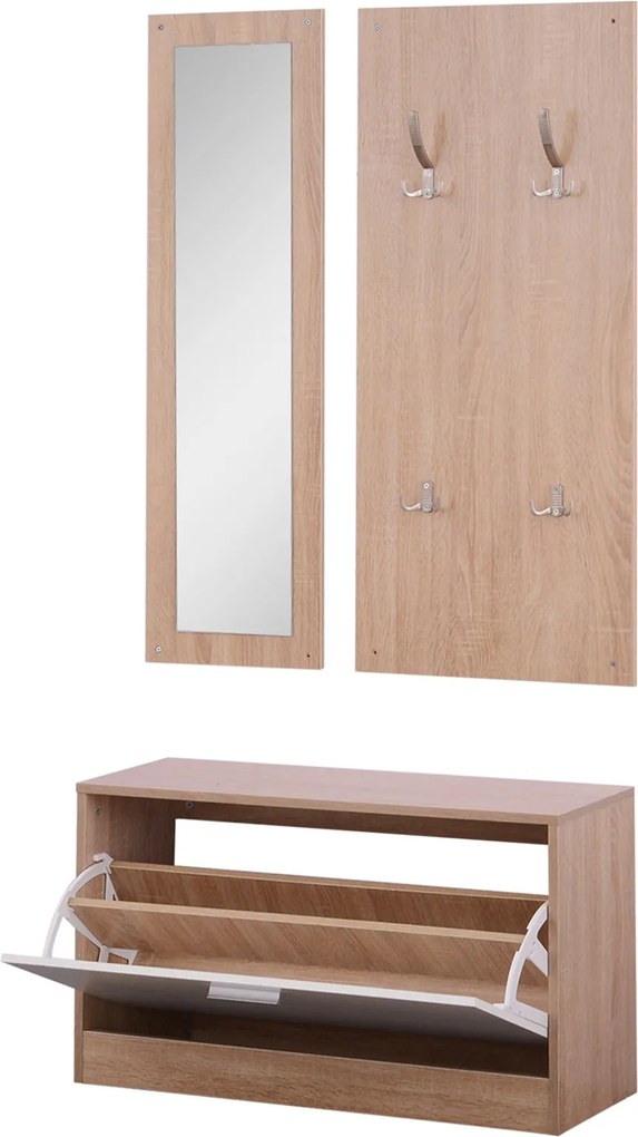 HOMCOM 3 darabos Előszoba Bútor Szett Cipőpaddal, Fali Kabát Akasztóval és Tükörrel, Fa Gardrób a Hálószobába és Előszobába, 80x27x46,5 cm Fa Színben