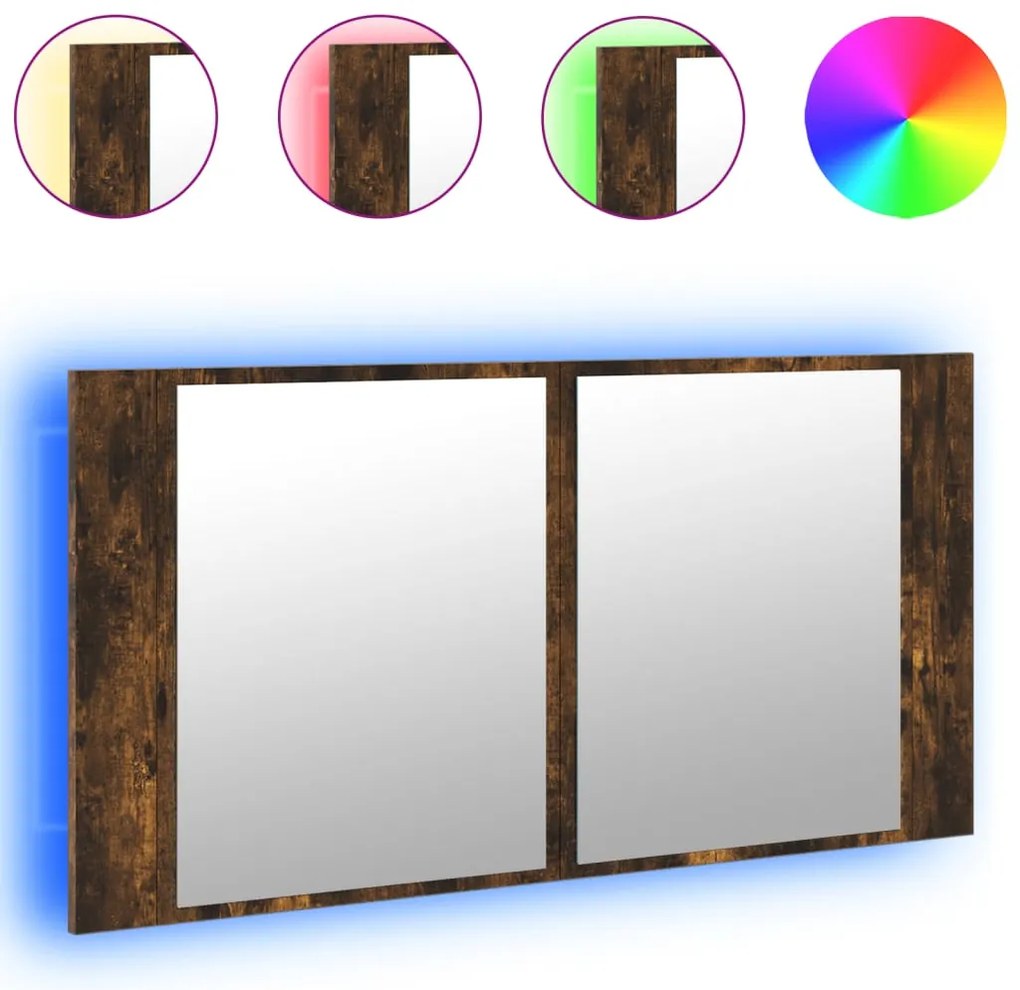 füstös tölgy akril LED-es tükrös fürdőszobaszekrény 90x12x45 cm