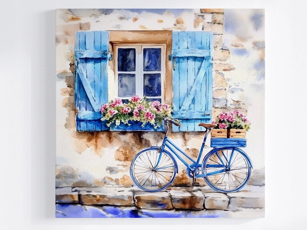 Poszter Kék Kerékpár Ablak Virágok Kilátás Képeslap 40x40