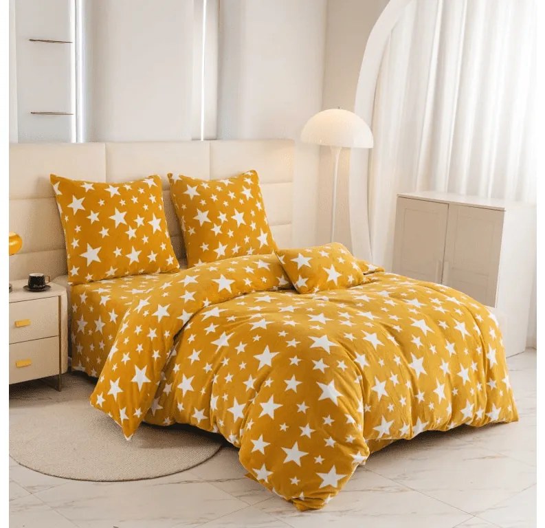 Mikroplüss ágyneműhuzat szett STARS sárga-narancs + mikroplüss lepedő SOFT 90x200 cm fehér, egyszemélyes