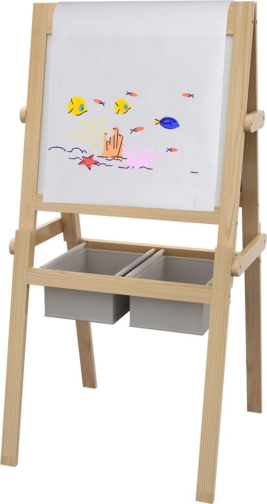 AIYAPLAY Gyermek Eset 3 az 1-ben Kétoldalas Táblafestő Fehér Tábla Fa Eset Rajzoláshoz Papírtekercsel és 2 Kosárral 58x50,5x109 cm Természetes | Aosom