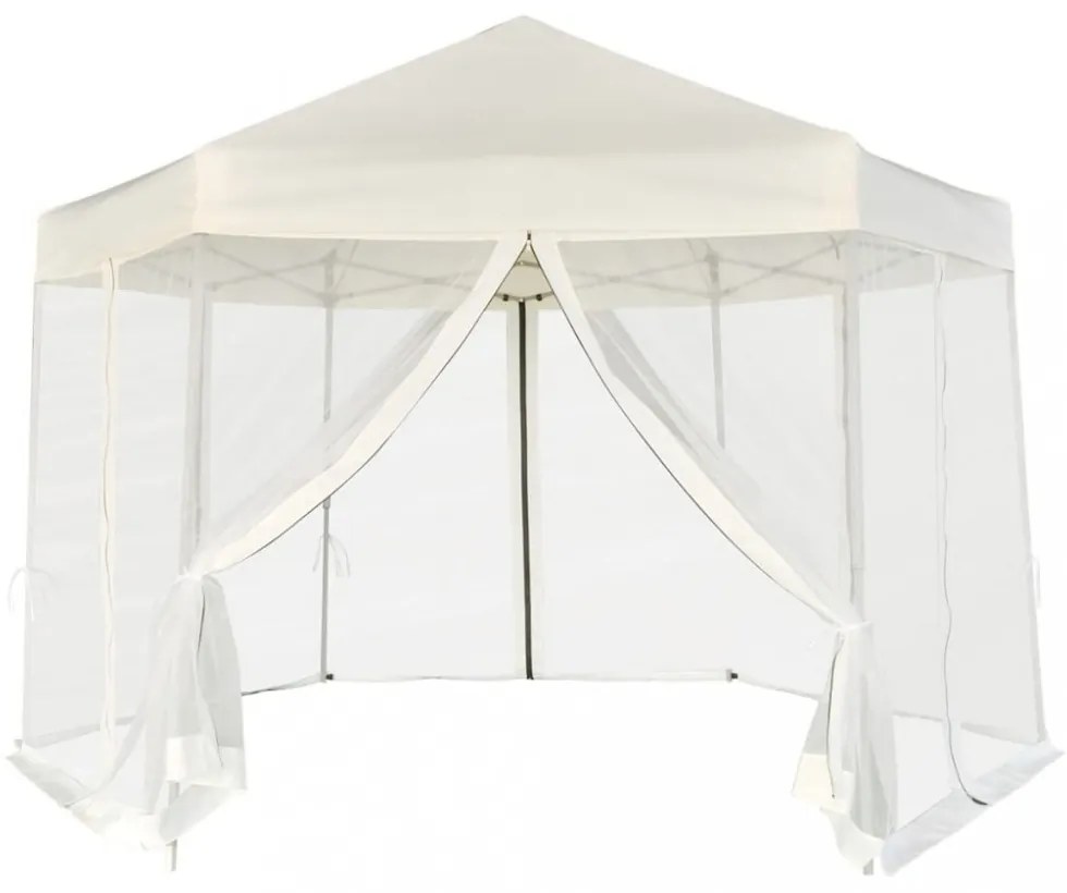 krémfehér hatszögletű felugró pavilon 6 oldalfallal 3,6 x 3,1 m