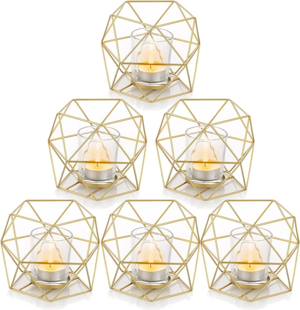 Romadedi 6 db-os aranyszínű fém geometrikus asztali gyertyatartó szett