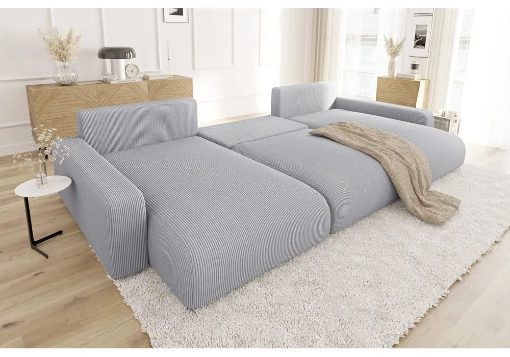 Világosszürke kordbársony kinyitható tárolóhelyes sarokkanapé Sara – Ropez
