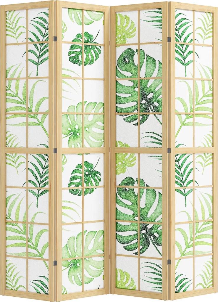 HOMCOM 4 paneles összecsukható paraván, 160 × 1,8 × 170 cm — pálmaleveles mintájú fenyőkeretes álló válaszfal (natúr & zöld) | Aosom