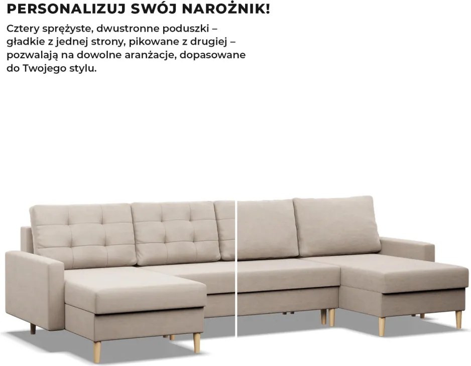 Etna U alakú sarokkanapé, 3 ágyneműtartóval, bársony, univerzális oldal, bonell töltet, bézs