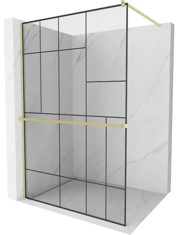 Mexen Kioto+, Walk-In zuhany paraván polccal és akasztóval 90 x 200 cm, 8 mm átlátszó üveg fekete mintás, arany matt profil, 800-090-121-55-78