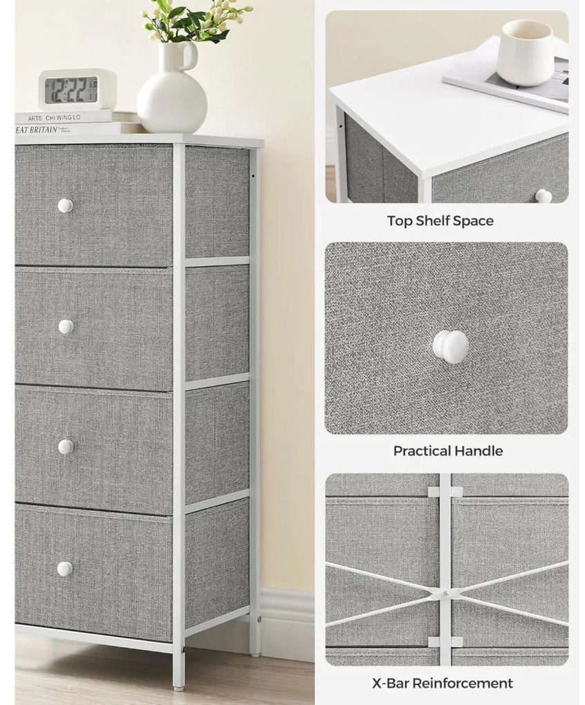 Tároló szekrény négy fiókkal, ruhás szekrény, galambszürke és krémfehér 80x30x85cm