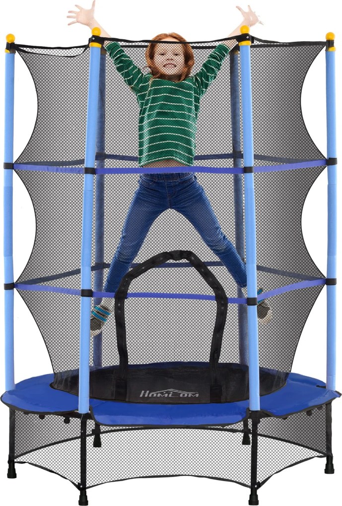 HOMCOM Gyerek Trambulin Ø140 cm, Trambulin Biztonsági Hálóval, Szegélyvédővel, Kerti Trambulin 3-10 Éves Gyermekeknek, 50 kg-ig, Kék | Aosom
