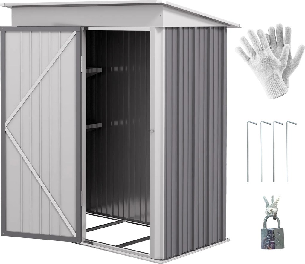 Outsunny Acél Alapú Kerti Szekrény 2 Állítható Polccal, Szerszámtároló Szekrény Tetővel és Zárható Ajtóval, 161x95x163/181cm, Szürke | Aosom