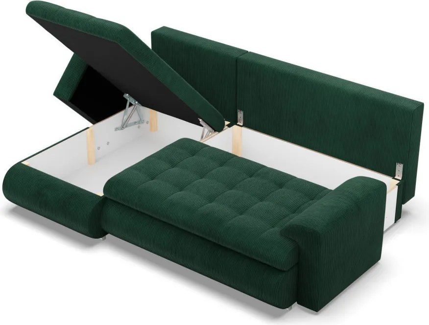 Tokio sarokkanapé, 2 ágyneműtartóval, kordbársony, baloldali, zöld