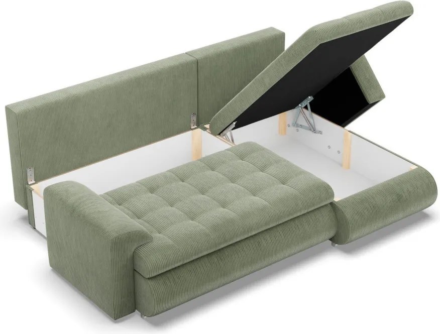 Tokio sarokkanapé, 2 ágyneműtartóval, kordbársony, jobboldali, zöld