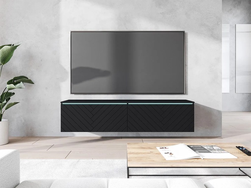 TV szekrény Dlana 140 MDF (fekete grafit + halcsont fekete) (fehér LED világítás). 1106204