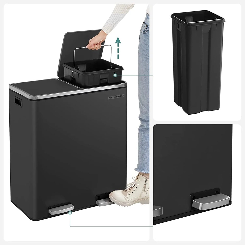 Légmentes fém pedálos dupla szemetes 2 x 30l, 15 szemeteszsákkal, fekete