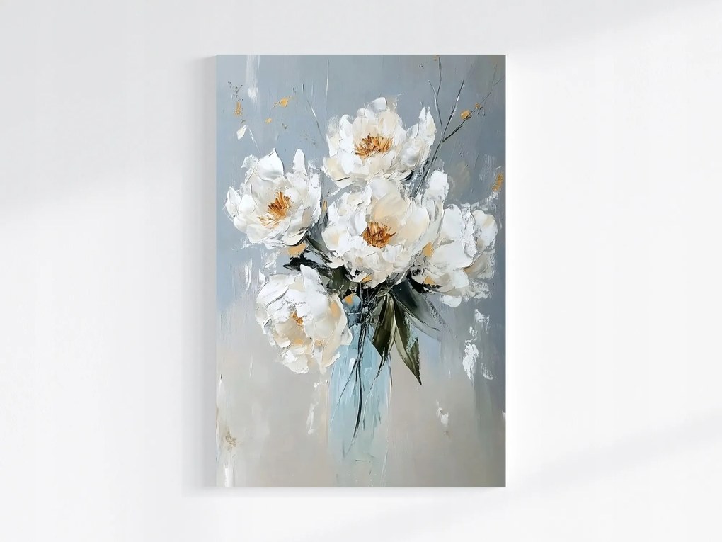 Vászonkép Canvas Olaj Impasto Virágok Fehér Bazsarózsa Csokor 80x120