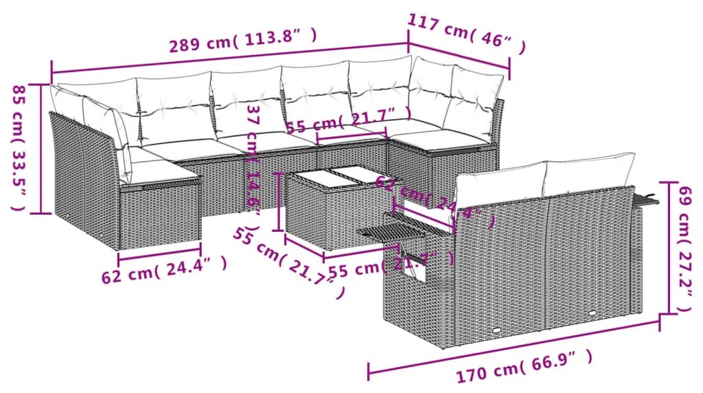 10 részes szürke polyrattan kerti ülőgarnitúra párnákkal