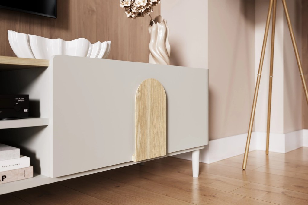 Amilio TV-szekrény 220 cm fiókkal, lábakon - kasmír / olajozott tölgy / világos tölgy fogantyú