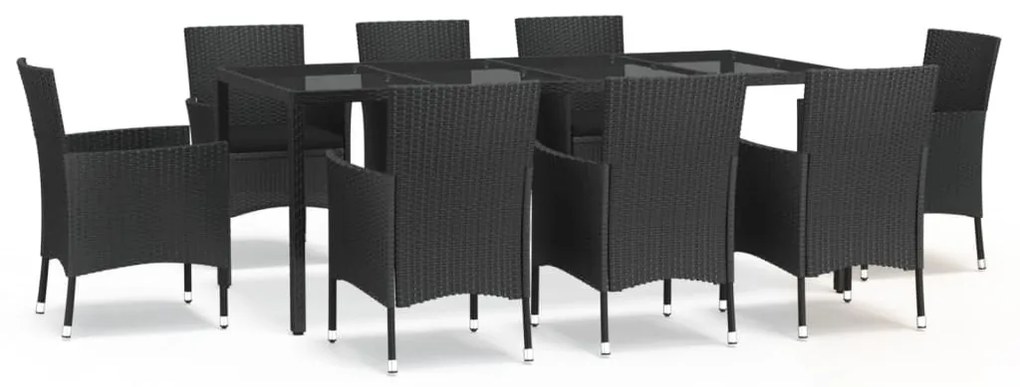 9 részes fekete polyrattan kerti étkezőgarnitúra párnákkal
