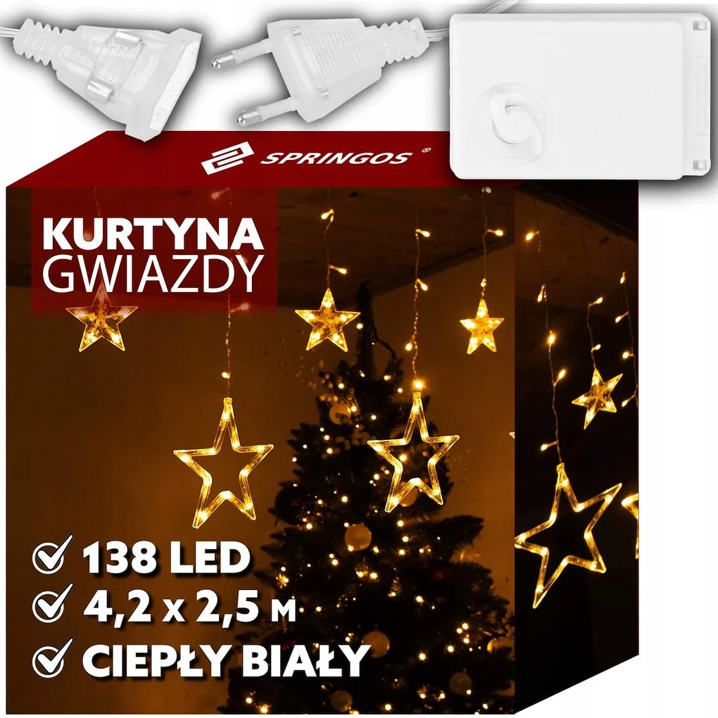 Fényfüggöny Csillagok Karácsonyfa Lámpák Led Meleg Fehér 4,2m Girland