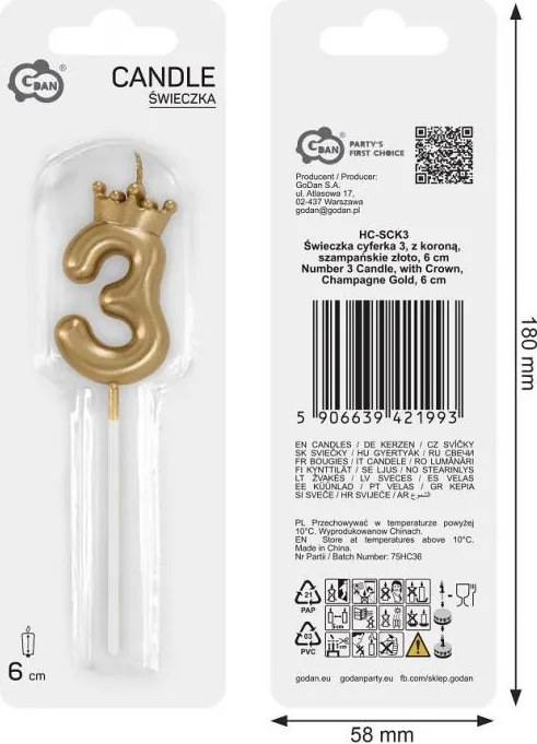Arany Champagne Crown 3-as számgyertya, tortagyertya 6 cm