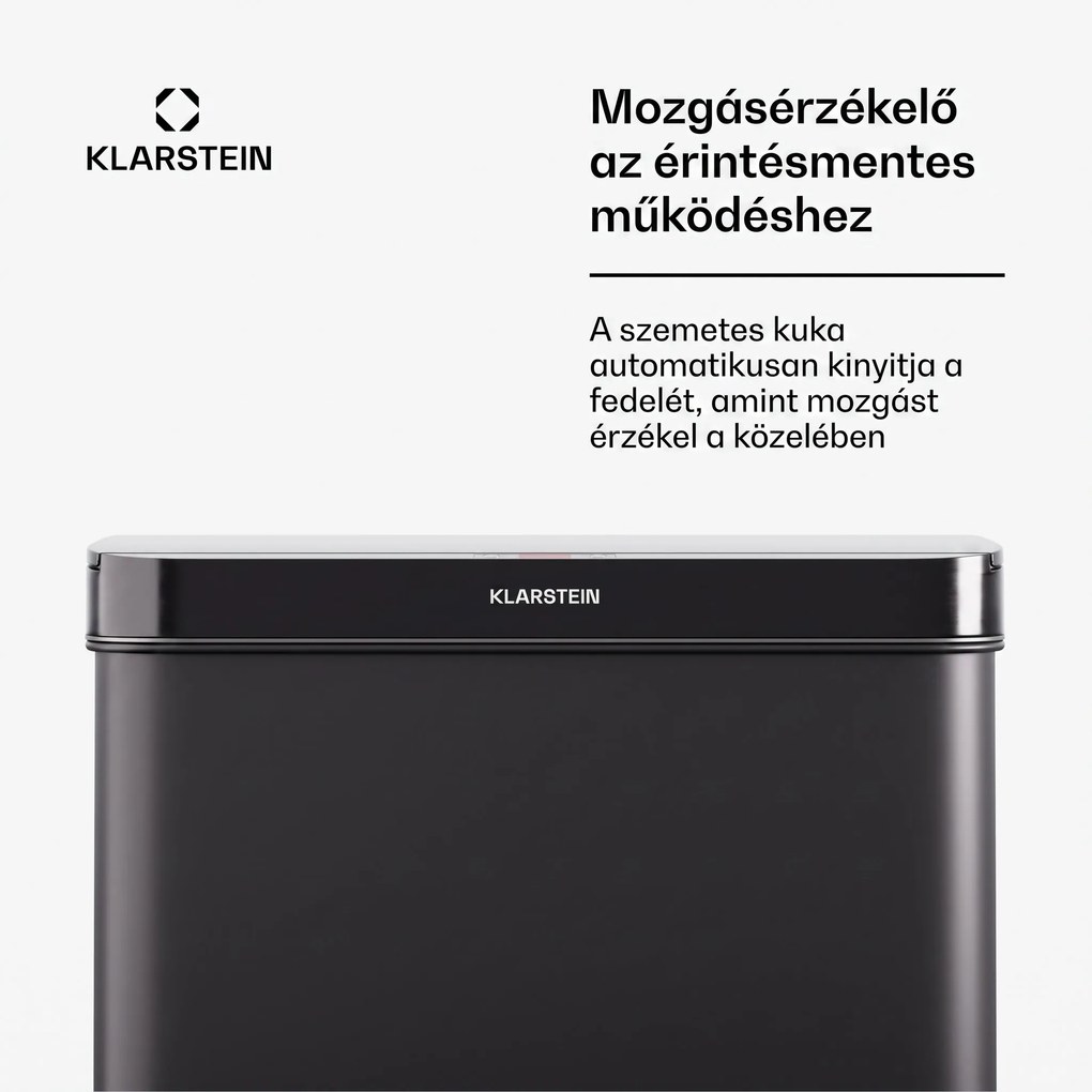 Klarstein Touchless, szenzoros szemétkosár, 60 l, rozsdamentes acélból, Soft-Close záródás, elemmel működő, LED kijelző, időzítő