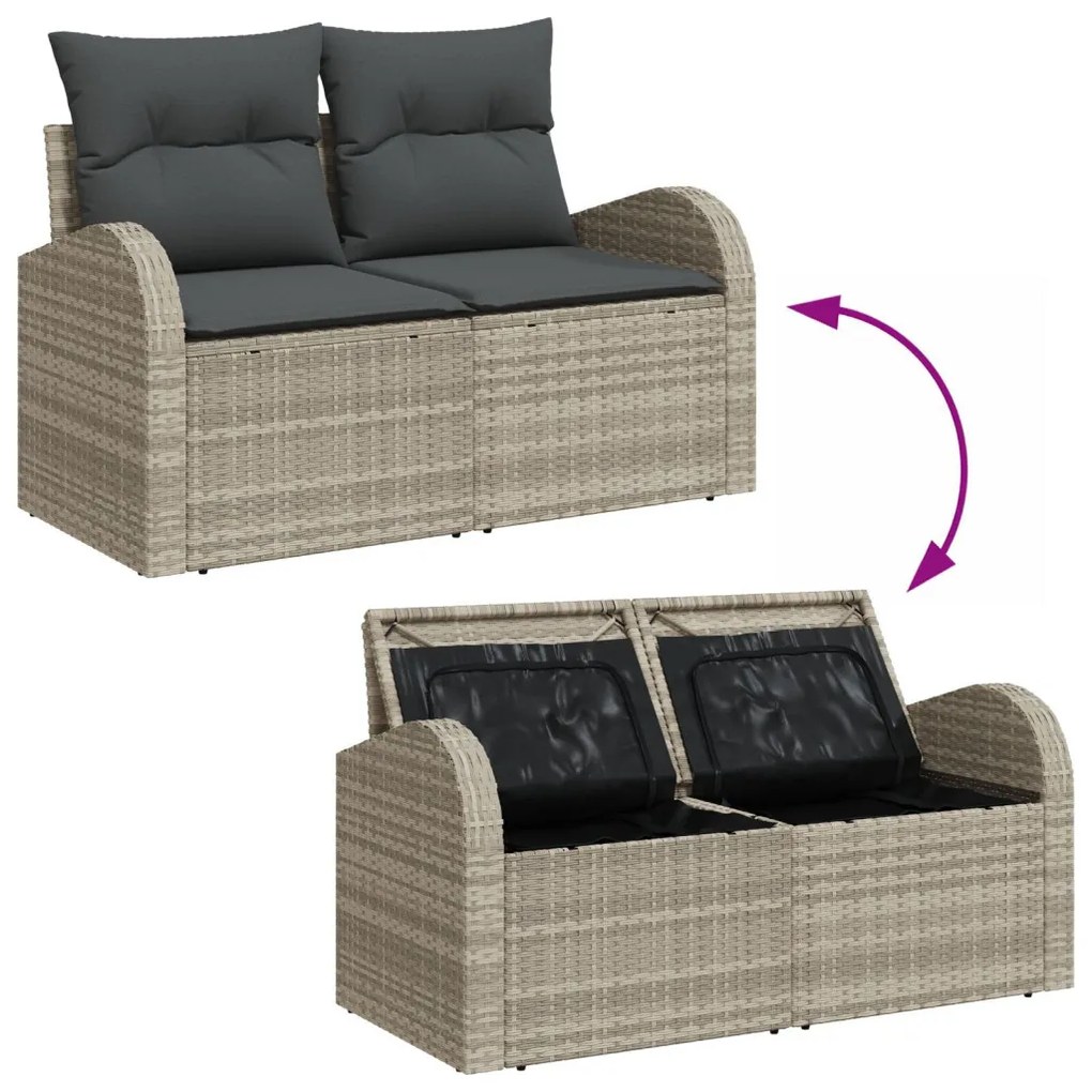 3 Darabos Kert Kanapé Szett Párnákkal Világosszürke Poli Rattan, 2-Fős Kert Kanapé Tárolóval és Párnákkal Világosszürke Poli Rattan