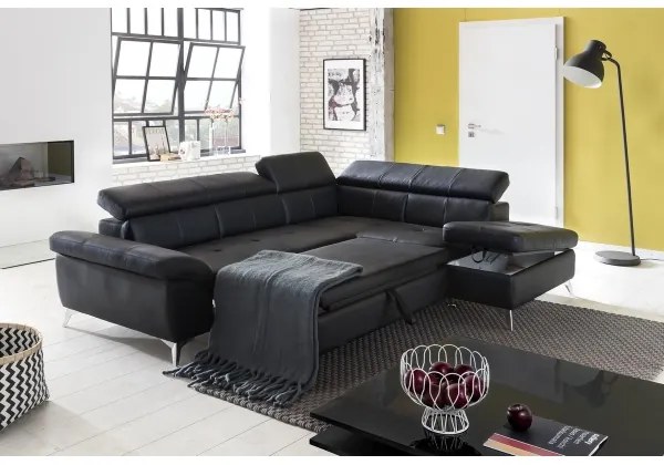 Fekete, jobb oldali, bőrkárpitos, L-alakú SALERNO II sarokkanapé, ággyá nyitható