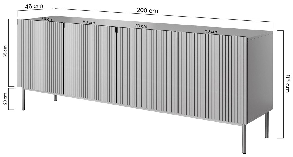 Nicole komód 200 cm négyajtós, bordázott előlap – zsályazöld / arany lábak