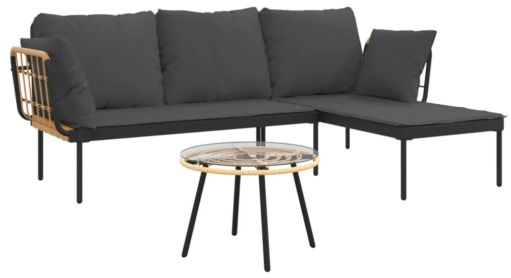 3 részes polyrattan kerti ülőgarnitúra sötétszürke párnákkal