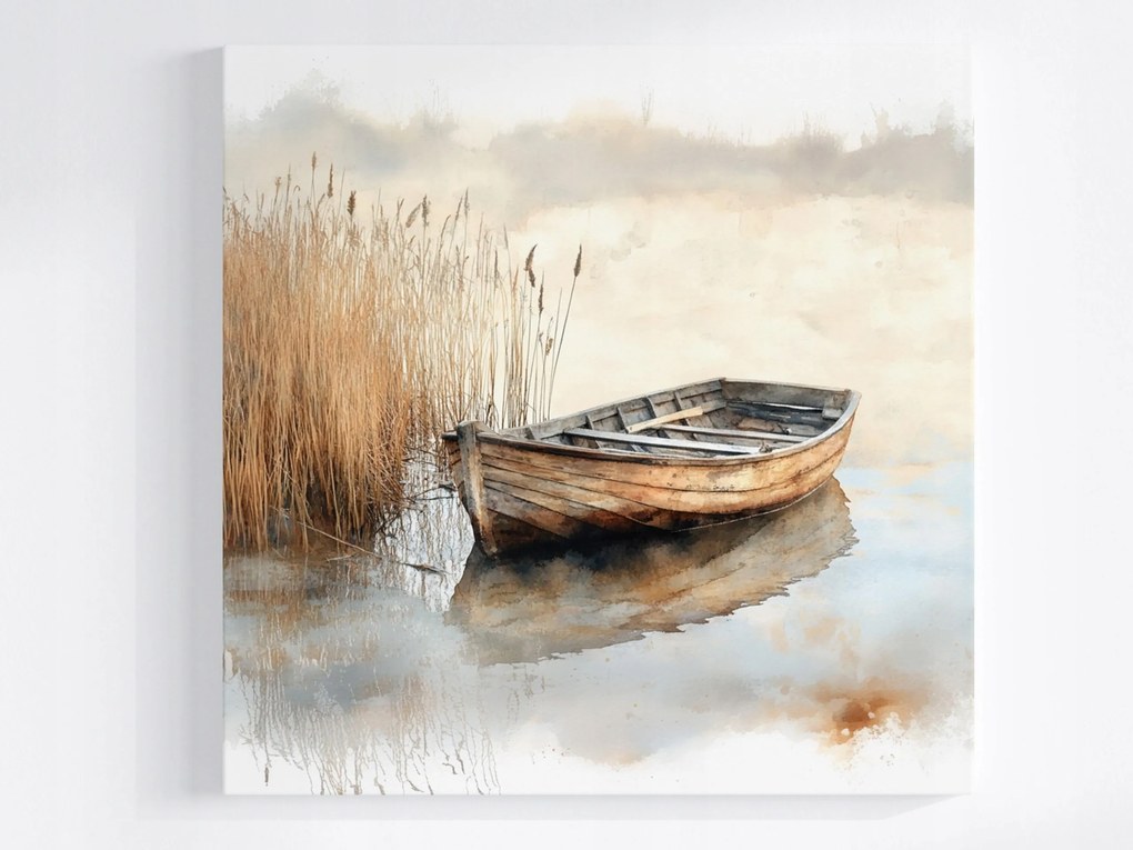 Poszter Kilátás Tájkép Tó Víz Csónak Köd 80x80