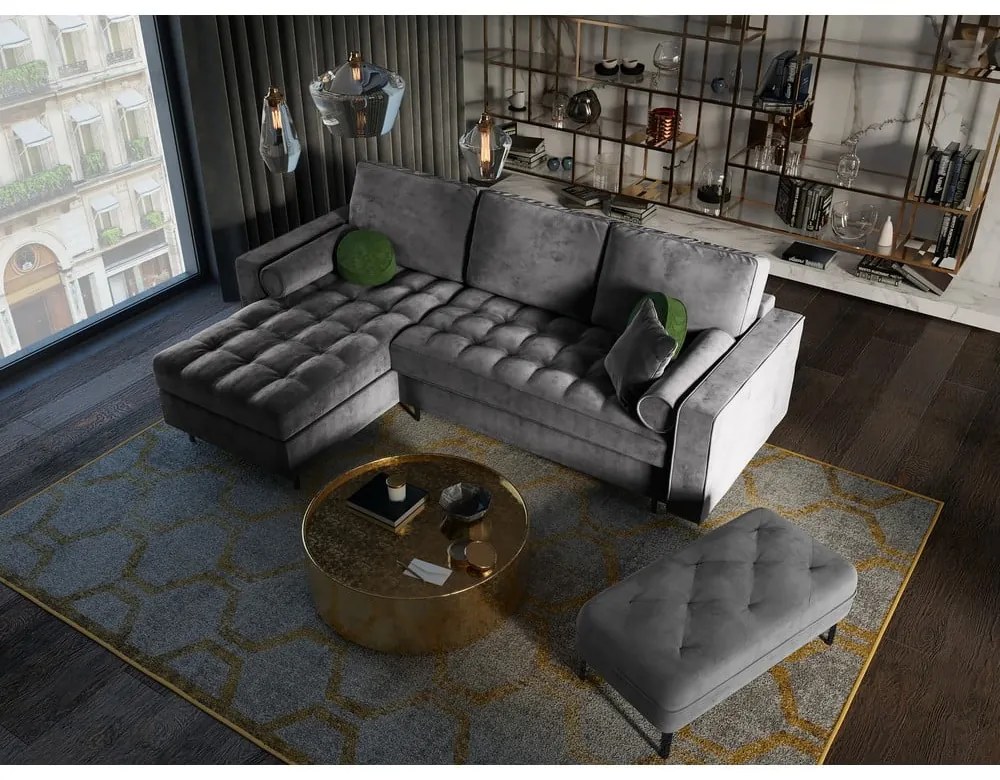 Santo sötétszürke kinyitható bársony sarokkanapé, bal oldali - Milo Casa