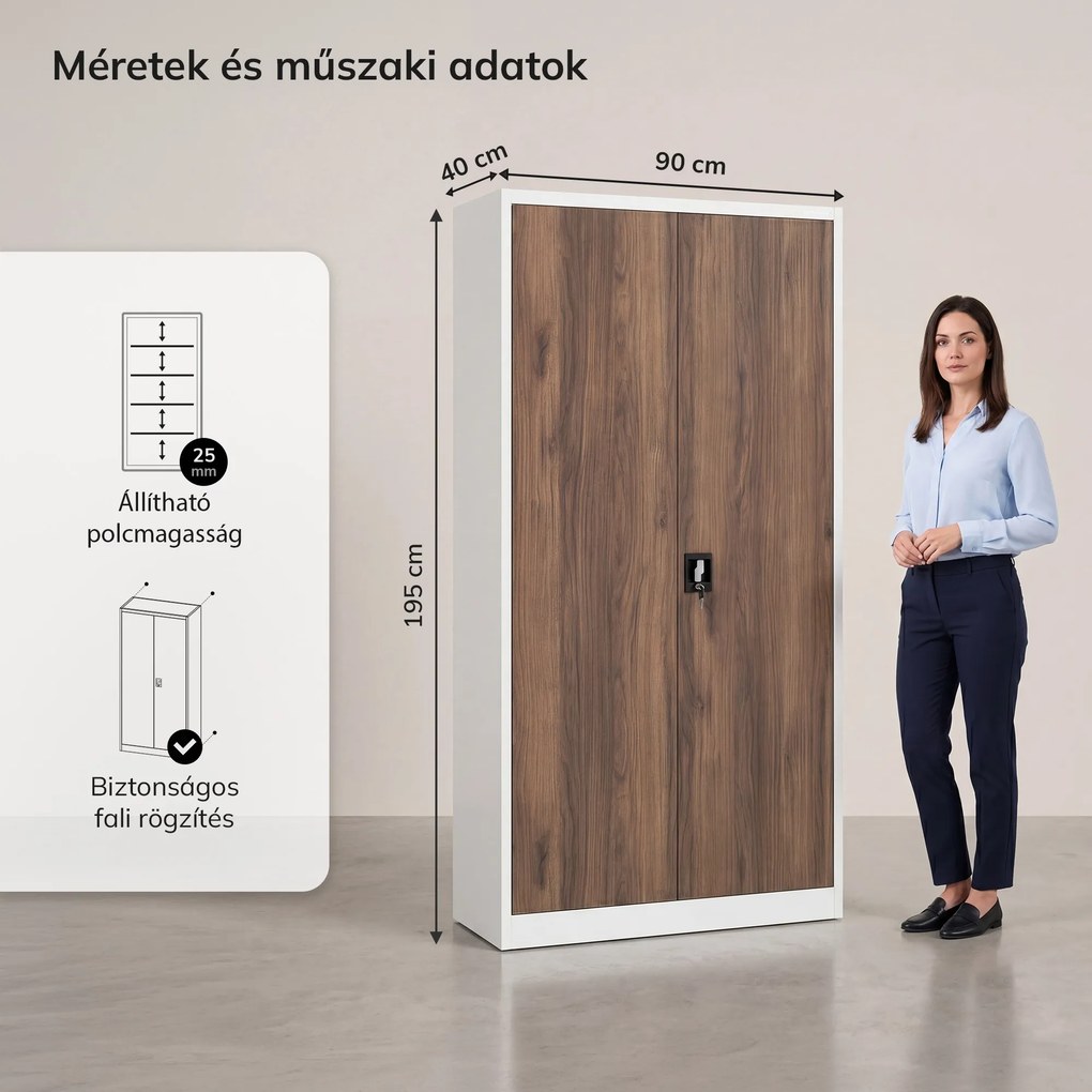 Fém irodai dokumentumszekrény, fehér / dió, 900x1950x400 mm: JAN H Eco Design