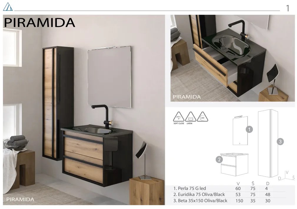 Piramida EURIDIKA OLIVA-FEKETE - fali fürdőszobabútor fekete mosdóval - 75 x 53 x 48 cm