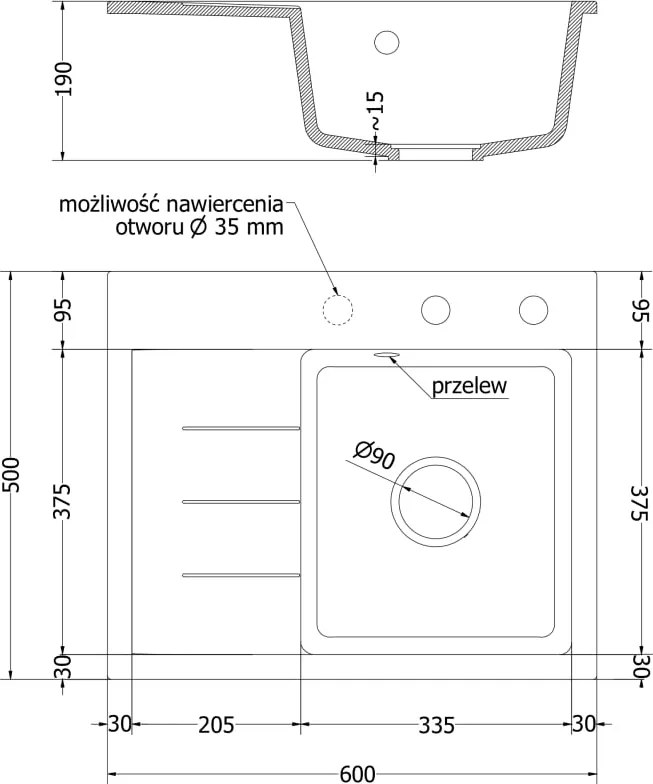 Mexen Ben gránit mosogató egy tálcás lecsöpögtetővel, jobb oldali 600 x 500 mm, fehér, arany szifonnal - 6523605000-20-G