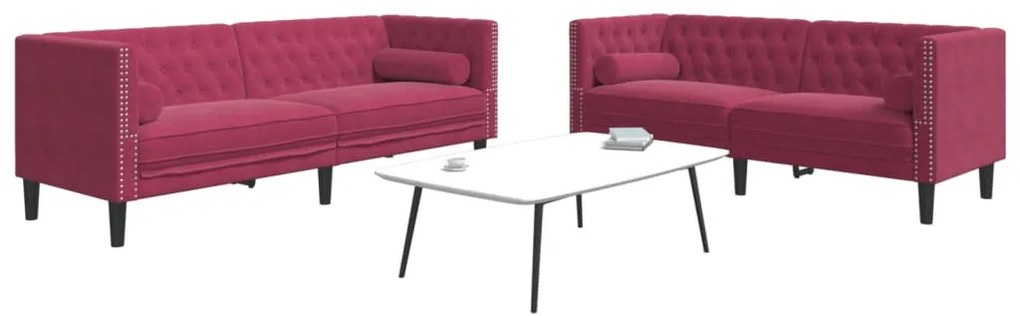 2 részes bordó bársony Chesterfield kanapészett hengerpárnákkal