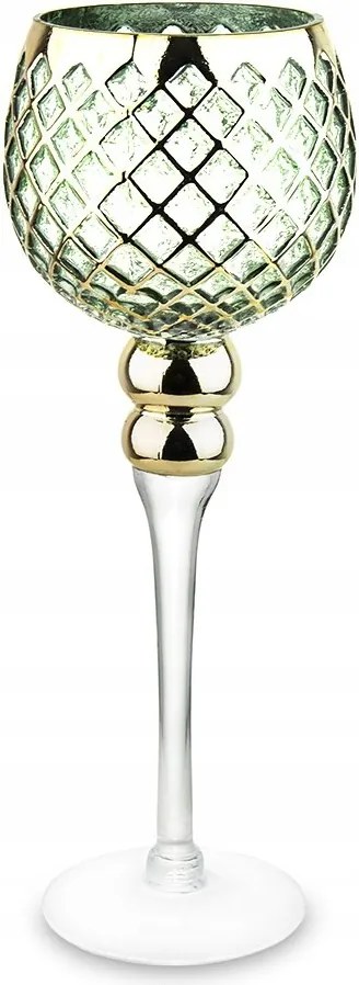 Gyertyatartó Zöld Arany Kehely 30cm Üveg Átlátszó 1 Gyertyához