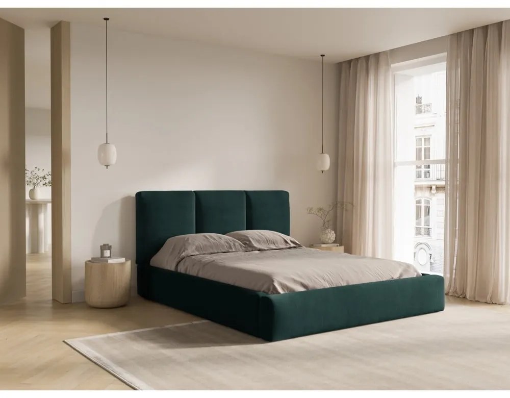 Sötétzöld kárpitozott ágyneműtartós franciaágy ágyráccsal 200x200 cm Brody – Mazzini Beds