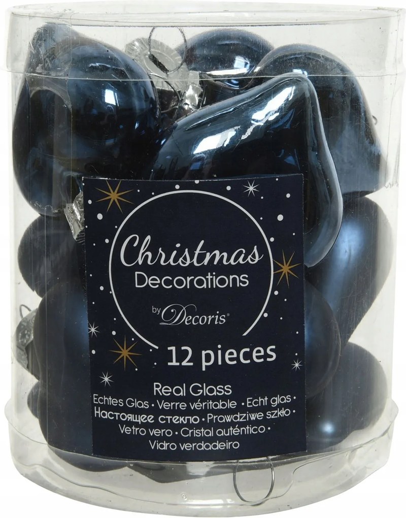 Üveggömb szív sötétkék fényes/matt 12 db