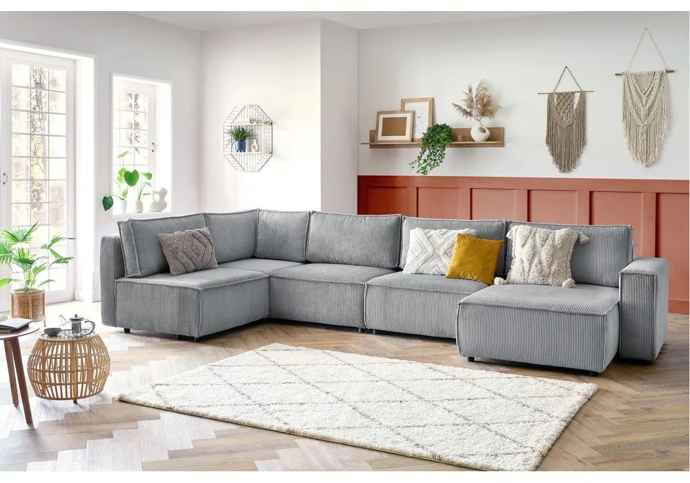 Világosszürke kordbársony sarokkanapé (bal oldali-"U" alakú) Nihad modular – Bobochic Paris